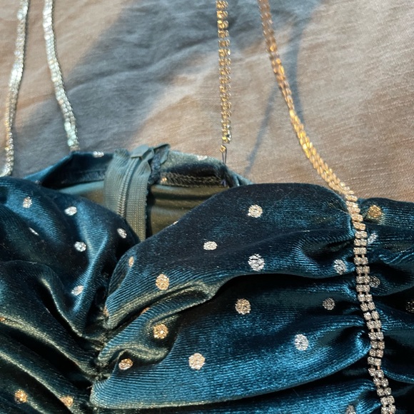 NWOT Polka Dot Diamanté Trim Off-the-shoulder Mini Dress in Teal *see note* - Picture 3 of 5